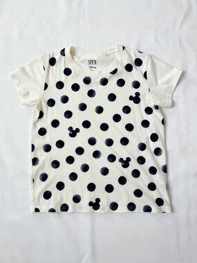 Uniqlo UT Disney Dark Blue Polka Dot Mickey Short Sleeve White T-Shirt Women XS